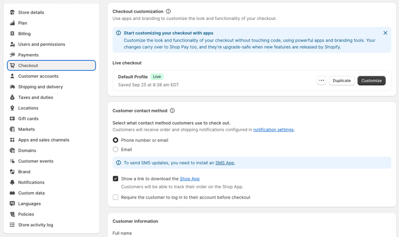 Shopify Plus admin panel, where to find checkout